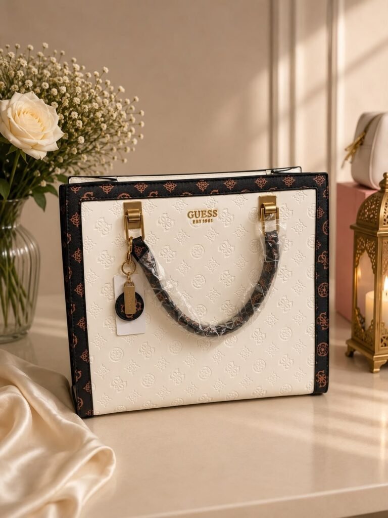 شنطة يد بيضاء بإطار منقوش
