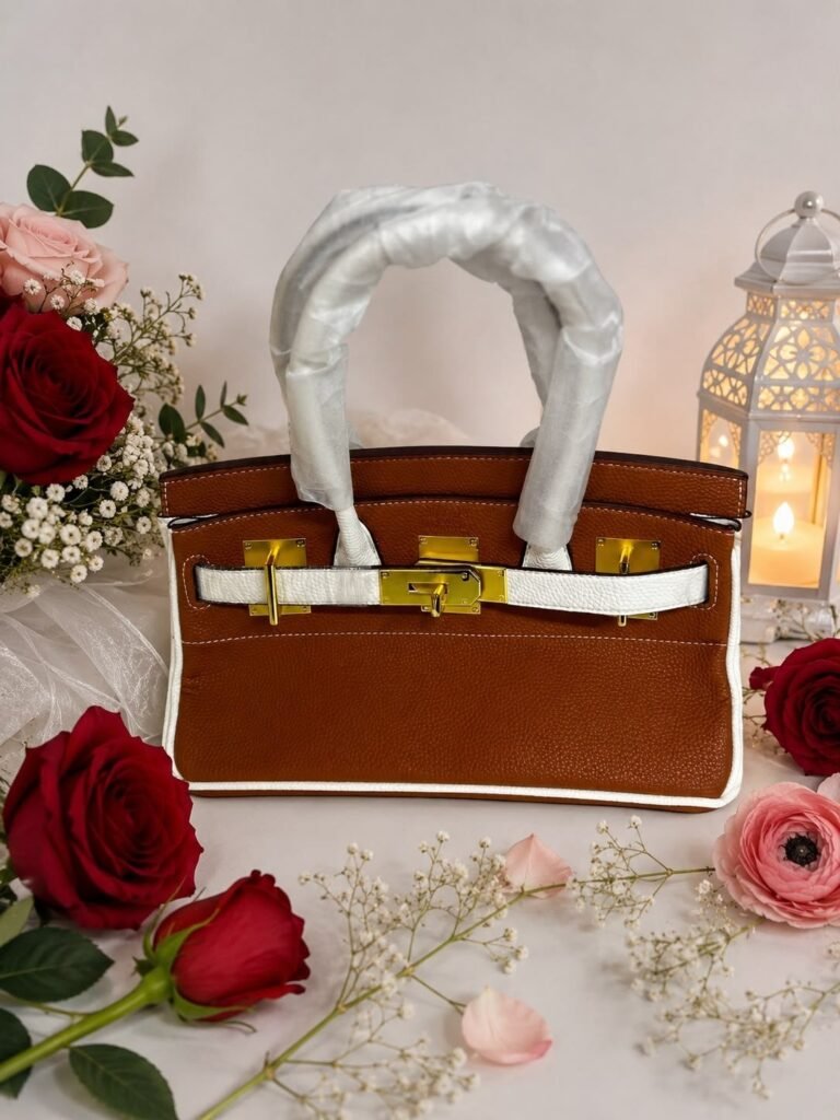 شنطة يد بنية صغيرة بمقبض أبيض