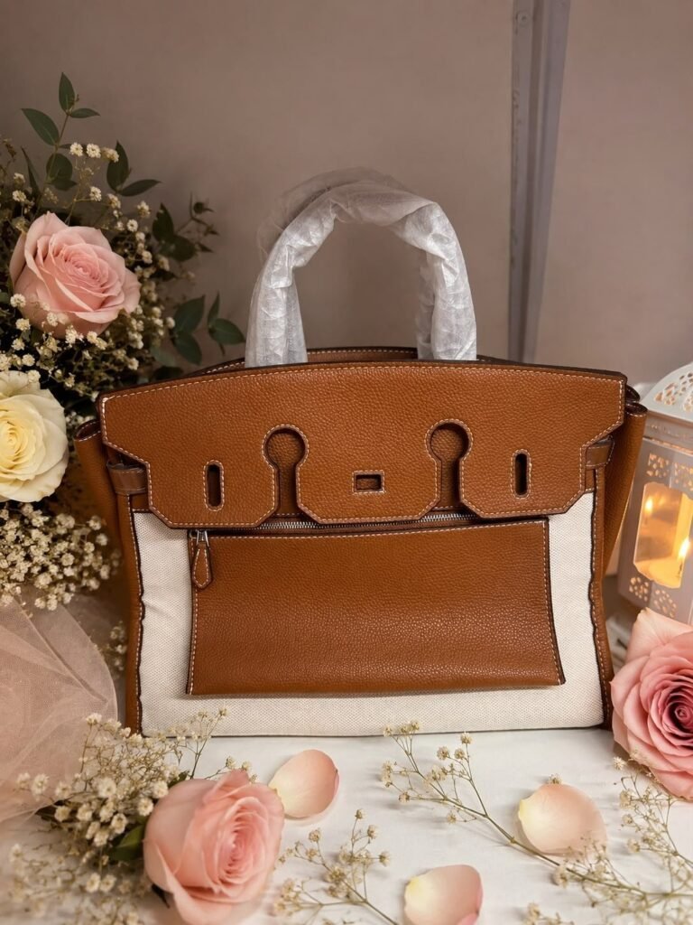 شنطة يد بنية بمقبض أبيض