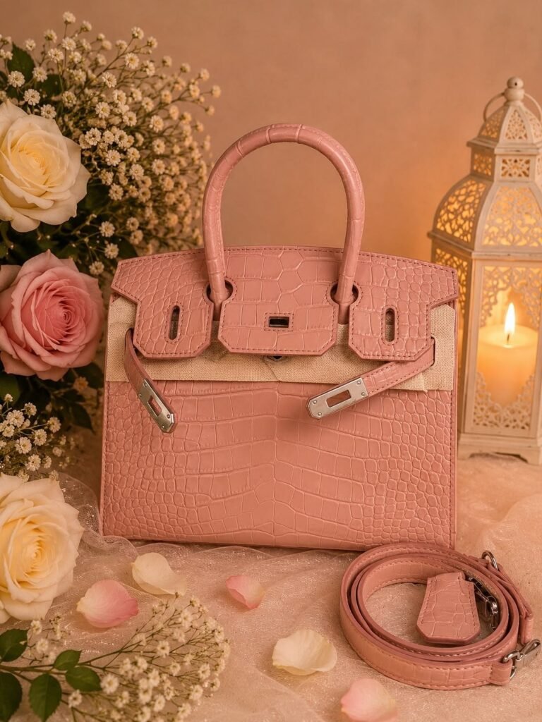 شنطة يد وردية مع حزام كتف