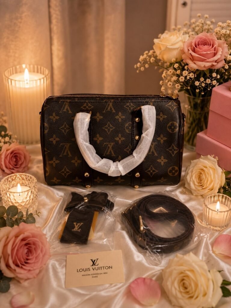 شنطة يد مونوغرام بمقبض أبيض مع إكسسوارات