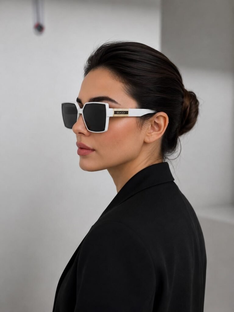 نظارة شمسية بيضاء بإطار عريض